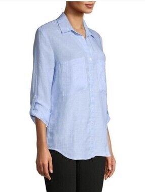Pure Navy Blue 100% Linen Button Down Blouse Roll Tab Sleeve Relaxed Sz L